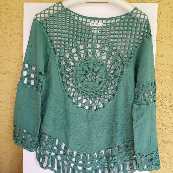 Trendy teal Boho open crochet top shirt cover up - Picture 3 of 15